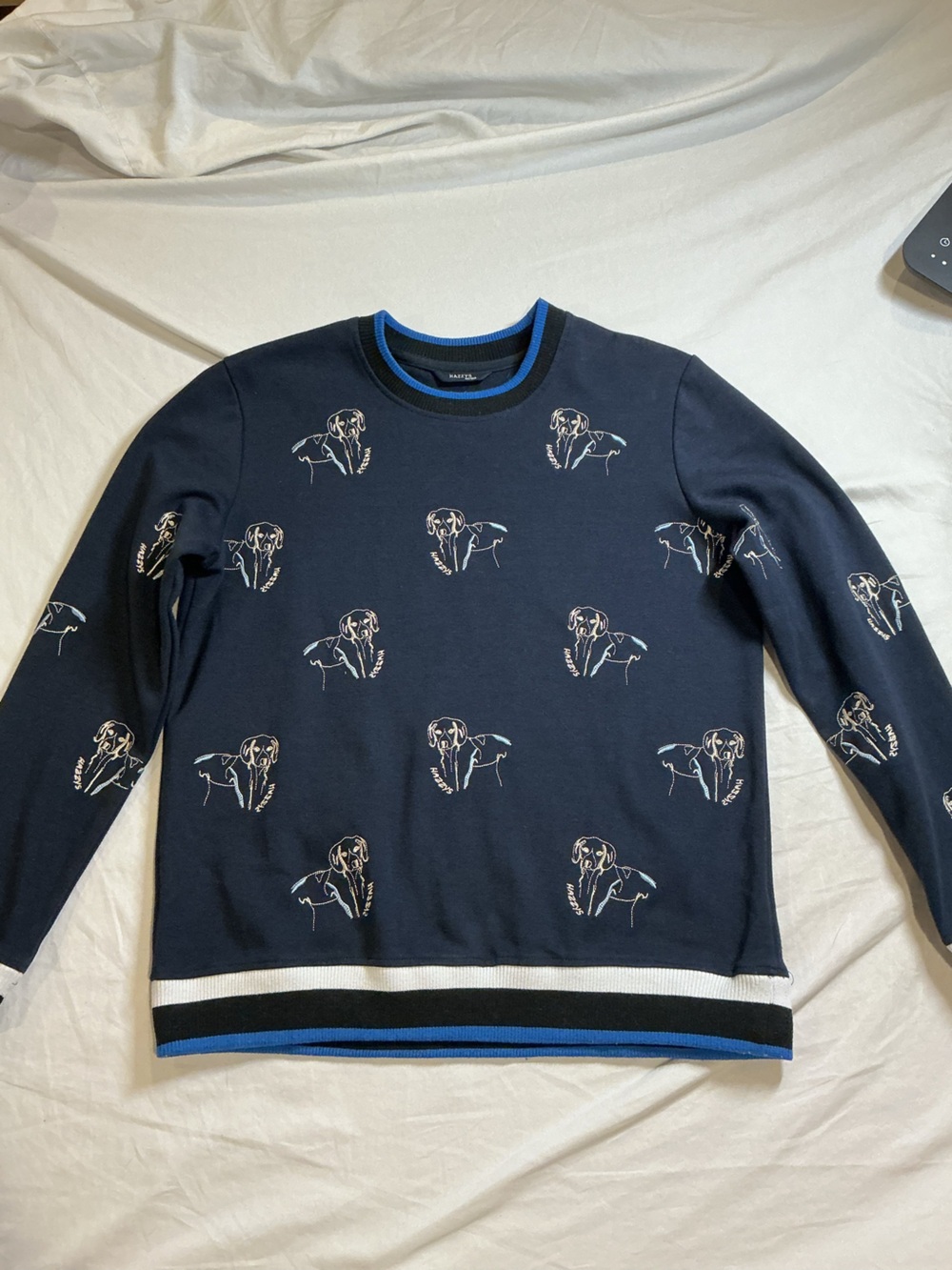 Navy Patterned Crewneck Sweatshirt with Stripe Hem